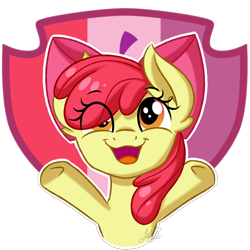 Size: 1900x1900 | Tagged: safe, artist:jack-pie, derpibooru import, apple bloom, earth pony, pony, bow, cutie mark, female, filly, hair bow, open mouth, simple background, smiling, solo, sticker, transparent background