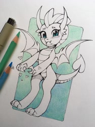 Size: 960x1280 | Tagged: safe, artist:lispp, derpibooru import, smolder, dragon, blushing, colored pencil drawing, cute, dragoness, female, heart, looking at you, partial color, smolderbetes, solo, toes, traditional art