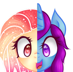 Size: 493x488 | Tagged: safe, artist:melanie-violet, oc, oc only, oc:melanie, oc:violet, pegasus, pony, unicorn, bust, female, mare, portrait, split screen