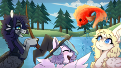 Size: 1920x1080 | Tagged: safe, artist:skimea, derpibooru import, oc, oc only, oc:angel, oc:kama, oc:shylu, fish, pegasus, pony, female, fishing, fishing rod, hat, lake, mare, tree, witch hat