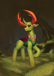 Size: 762x1070 | Tagged: safe, artist:eosphorite, thorax, changedling, changeling, floppy ears, forest, grass, horn, king thorax, raised hoof, solo