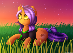 Size: 2472x1800 | Tagged: safe, artist:spirit-dude, oc, oc only, pony, unicorn, clothes, freckles, glasses, grass, looking up, prone, shirt, solo, sunset, t-shirt