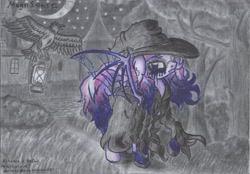 Size: 3505x2441 | Tagged: safe, artist:magnifsunspiration, derpibooru import, oc, oc only, oc:amanda de lavenderlight, bat pony, bird, crow, pony, cloak, clothes, female, glasses, hat, lantern, mare, solo, traditional art, witch hat