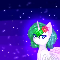 Size: 2000x2000 | Tagged: safe, artist:g-raven, derpibooru import, oc, oc only, oc:princess margarita, alicorn, pony, alicorn oc, flower, flower in hair, looking at you, space, stars