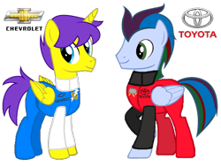 Size: 620x468 | Tagged: safe, artist:rememberstar, derpibooru import, oc, oc only, oc:orion galaxy, oc:thunder clash, alicorn, pegasus, pony, alicorn oc, chevrolet, male, nascar, offspring, parent:flash sentry, parent:rainbow dash, parent:soarin', parent:twilight sparkle, parents:flashlight, parents:soarindash, racing suit, simple background, toyota, transparent background