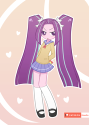 Size: 800x1126 | Tagged: safe, artist:howxu, derpibooru import, aria blaze, equestria girls, ariabetes, blushing, clothes, cute, female, heart, looking at you, mary janes, miniskirt, moe, patreon, patreon logo, pigtails, pleated skirt, school uniform, shoes, skirt, socks, solo, twintails