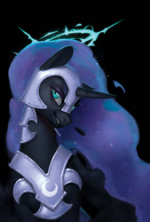 Size: 630x930 | Tagged: dead source, safe, artist:eosphorite, nightmare moon, alicorn, pony, black background, female, halo, helmet, looking at you, mare, simple background, smiling, solo