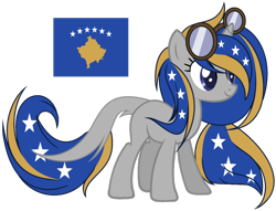 Size: 1024x781 | Tagged: safe, artist:cosmicwitchadopts, derpibooru import, pony, unicorn, female, flag ponies, goggles, kosovo, mare, nation ponies, ponified, simple background, solo, transparent background