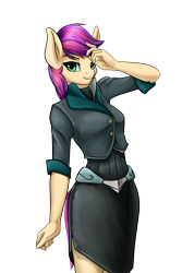 Size: 1200x1800 | Tagged: safe, artist:d-lowell, derpibooru import, oc, oc only, anthro, earth pony, anthro oc, clothes, explicit source, female, mare, not scootaloo, shirt, side slit, simple background, skirt, smiling, solo, transparent background