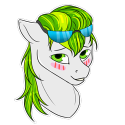 Size: 1500x1500 | Tagged: safe, artist:mymysteriouspony, derpibooru import, oc, oc only, oc:white night, blushing, bust, glasses, green eyes, looking at you, male, multicolored hair, simple background, smiling, solo, stallion, transparent background