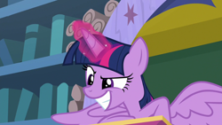 Size: 1280x720 | Tagged: safe, derpibooru import, screencap, twilight sparkle, twilight sparkle (alicorn), alicorn, pony, a matter of principals, glowing horn, grin, magic, raised eyebrow, smiling, smirk, smug, solo