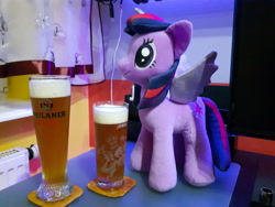 Size: 4608x3456 | Tagged: safe, derpibooru import, twilight sparkle, twilight sparkle (alicorn), alicorn, pony, alcohol, beer, drink, irl, photo, plushie, waifu dinner