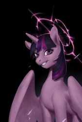 Size: 630x930 | Tagged: dead source, safe, artist:eosphorite, twilight sparkle, twilight sparkle (alicorn), alicorn, pony, black background, female, looking at you, mare, simple background, smiling, solo