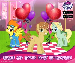 Size: 940x788 | Tagged: safe, derpibooru import, blaze, dear darling, feather bangs, advertisement, gameloft, heart balloon, hearts and hooves day, my little pony logo, official