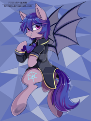 Size: 1024x1365 | Tagged: safe, artist:foxcarp, oc, oc only, oc:darkness nova, bat pony, pony, clothes, coat, looking at you, male, smiling, solo, stallion