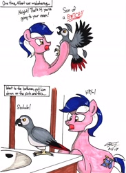 Size: 2115x2891 | Tagged: safe, artist:newyorkx3, derpibooru import, oc, oc only, oc:mikey, bird, african grey, comic, dialogue, signature, story included, traditional art, vulgar