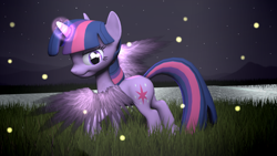 Size: 1024x576 | Tagged: safe, artist:okimichan, derpibooru import, twilight sparkle, twilight sparkle (alicorn), alicorn, pony, 3d, digital art, female, grass, magic, mare, night, solo