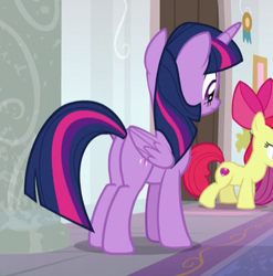 Size: 408x413 | Tagged: safe, derpibooru import, screencap, apple bloom, twilight sparkle, twilight sparkle (alicorn), alicorn, marks for effort, cropped, plot, twibutt