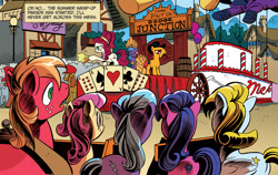 Size: 1040x656 | Tagged: safe, artist:andypriceart, idw, big macintosh, cherry jubilee, mare do well, earth pony, pony, spoiler:comic, spoiler:comic10, animal house, back, barrier, collar, crowd, dead man's hand, deathmobile, dodge junction, float, hurdle, male, mane, official comic, parade, parade balloon, plot, ponyville, stallion, summer wrap up festival