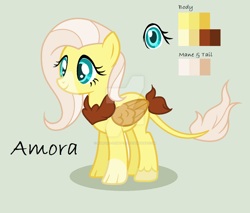 Size: 1024x873 | Tagged: safe, artist:aurora-light-x, derpibooru import, oc, oc:amora, hybrid, deviantart watermark, female, interspecies offspring, obtrusive watermark, offspring, parent:discord, parent:fluttershy, parents:discoshy, reference sheet, simple background, solo, watermark