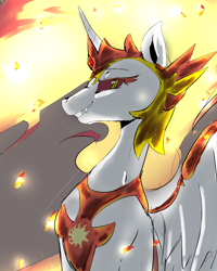 Size: 1799x2246 | Tagged: safe, artist:yajima, derpibooru import, daybreaker, alicorn, armor, fangs, female, solo