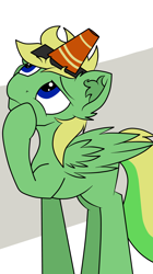 Size: 2984x5312 | Tagged: safe, artist:luriel maelstrom, derpibooru import, oc, oc only, oc:lemming, pegasus, pony, cone, male, simple background, solo, stallion, thinking, traffic cone