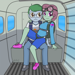Size: 1500x1500 | Tagged: safe, artist:phallen1, derpibooru exclusive, oc, oc only, oc:software patch, oc:windcatcher, equestria girls, aircraft, awkward, blushing, clothes, cramped, equestria girls-ified, glasses, goggles, hand on shoulder, interior, parachute, plane, sitting, sitting on lap, skydiving, windpatch