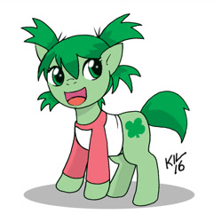 Size: 1024x1061 | Tagged: safe, artist:koku-chan, earth pony, pony, clothes, clover, crossover, cute, female, filly, four leaf clover, koiwai yotsuba, ponified, shirt, signature, simple background, solo, white background, yotsuba