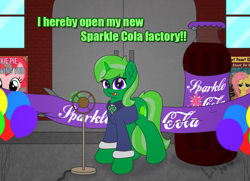 Size: 1003x727 | Tagged: safe, artist:limedreaming, derpibooru import, oc, oc only, oc:lime dream, unicorn, fallout equestria, balloon, banner, bottle, clothes, door, factory, grand opening, happy, magic, manager, microphone, older, shears, sparkle cola, window