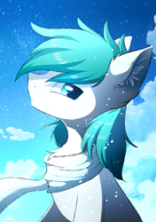 Size: 1200x1700 | Tagged: safe, artist:morningbullet, derpibooru import, oc, oc only, oc:diamond frost, chest fluff, clothes, ear fluff, looking at you, male, scarf, snow, solo, stallion