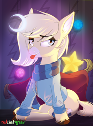 Size: 1000x1360 | Tagged: safe, artist:redchetgreen, oc, oc only, oc:scarlet, pony, clothes, crescent moon, female, looking at you, mare, moon, pillow, scarf, smiling, solo, sweater, tongue out