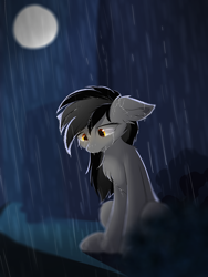 Size: 2100x2800 | Tagged: safe, artist:morningbullet, derpibooru import, oc, oc only, oc:noot, chest fluff, crying, ear fluff, female, mare, moon, rain, sad, solo