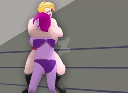 Size: 1600x1163 | Tagged: safe, artist:supermaxx92, big macintosh, fuchsia blush, equestria girls, bikini, clothes, fight, speedo, swimsuit, watermark, wrestling, wrestling ring