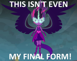 Size: 1264x1008 | Tagged: safe, edit, edited screencap, screencap, midnight sparkle, sci-twi, twilight sparkle, equestria girls, friendship games, caption, image macro, meme, solo, this isn't even my final form