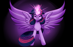 Size: 1024x659 | Tagged: safe, artist:fleetyarrowdraw, derpibooru import, twilight sparkle, twilight sparkle (alicorn), alicorn, pony, angry, glowing horn, gritted teeth, magic, solo, spread wings, wings