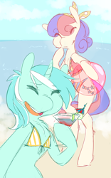 Size: 746x1198 | Tagged: safe, artist:braindead, bon bon, lyra heartstrings, sweetie drops, earth pony, pony, semi-anthro, unicorn, beach, beach ball, bikini, clothes, female, ocean, swimsuit, umbrella drink