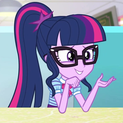 Size: 586x587 | Tagged: safe, derpibooru import, screencap, sci-twi, twilight sparkle, equestria girls, equestria girls series, pinkie pie: snack psychic, bowtie, cropped, female, glasses, grin, ponytail, smiling, solo, table