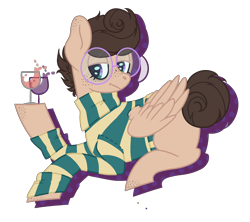 Size: 1800x1600 | Tagged: safe, artist:peachjay, derpibooru import, oc, oc:tipsy doodle, pegasus, pony, alcohol, clothes, glass, male, prone, simple background, solo, stallion, sweater, transparent background, wine, wine glass