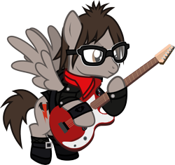 Size: 1305x1227 | Tagged: safe, artist:lightningbolt, derpibooru exclusive, part of a set, pegasus, pony, .svg available, armband, bass guitar, buckle, clandestine industries, clothes, emo, flying, glasses, guitar, guitar pick, guitar strap, hood, hoof hold, jacket, male, mikey way, musical instrument, my chemical romance, ponified, scarf, shoes, simple background, smiling, socks, solo, spread wings, stallion, svg, three cheers for sweet revenge, transparent background, vector, wristband