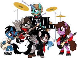 Size: 3425x2614 | Tagged: safe, artist:lightningbolt, derpibooru exclusive, part of a set, earth pony, pegasus, pony, unicorn, .svg available, angry, annoyed, armband, bags under eyes, band, bandage, bass guitar, bench, bipedal, blood, bob bryar, broken wing, button, clothes, drums, drumsticks, dyed mane, ear piercing, emo, eyeliner, eyes on the prize, eyeshadow, facial hair, fangs, floating, flying, frank iero, frown, gauges, gerard way, glasses, glowing horn, group, guitar, guitar pick, guitar strap, hood, horn piercing, implied shipping, jacket, lip piercing, looking at each other, looking back, looking down, magic, makeup, male, microphone, mikey way, musical instrument, my chemical romance, necktie, open mouth, piercing, plot, ponified, ray toro, scarf, shirt, shoes, simple background, smiling, socks, spread wings, stallion, suit, svg, tattered, tattoo, three cheers for sweet revenge, transparent background, undercut, undershirt, vector, wristband
