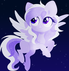 Size: 4000x4120 | Tagged: safe, artist:belka-sempai, derpibooru import, oc, oc only, oc:starstorm slumber, pegasus, pony, chibi, eyelashes, female, flying, hooves, lineless, mare, missing cutie mark, night, night sky, sky, smiling, solo, spread wings, stars, wings