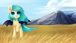 Size: 900x514 | Tagged: safe, artist:exceru-karina, oc, oc only, oc:icy breeze, bat pony, pony, cloud, ear piercing, grass, mountain, piercing, signature, solo