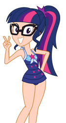 Size: 3111x5768 | Tagged: safe, artist:keronianniroro, derpibooru import, edit, editor:michaelsety, sci-twi, twilight sparkle, human, better together, equestria girls, forgotten friendship, adorasexy, adorkable, clothes, cute, dork, female, glasses, grin, human coloration, humanized, looking at you, peace sign, sexy, simple background, smiling, solo, swimsuit, transparent background, twiabetes, vector