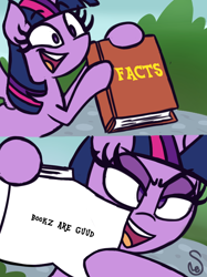 Size: 760x1015 | Tagged: safe, artist:quarium edits, derpibooru import, twilight sparkle, twilight sparkle (alicorn), alicorn, bipedal, book, ed edd n eddy, exploitable meme, meme, op is right, spread wings, that pony sure does love books, twilight's fact book, wings