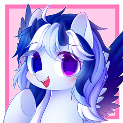 Size: 1800x1800 | Tagged: safe, artist:leafywind, derpibooru import, oc, oc only, abstract background, bust, colored pupils, colored wings, colored wingtips, cute, female, heterochromia, horns, looking at you, mare, multicolored hair, open mouth, portrait, smiling, solo, spread wings, starry eyes, two toned wings, underhoof, wingding eyes, wings