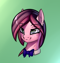 Size: 700x725 | Tagged: safe, artist:starfall-spark, derpibooru exclusive, oc, oc only, oc:rose shelf, earth pony, pony, bowtie, bust, colored sketch, freckles, lidded eyes, portrait, solo