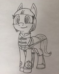 Size: 2448x3093 | Tagged: safe, artist:whiskey, oc, oc only, oc:lamp light, pony, clothes, crossover, dishonored, female, mare, monochrome, overseer, smiling, solo, sword, traditional art, uniform, weapon