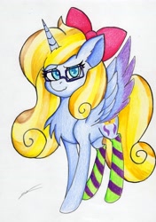 Size: 2386x3380 | Tagged: safe, artist:luxiwind, derpibooru import, oc, oc:jewel wish, alicorn, pony, alicorn oc, bow, clothes, female, glasses, hair bow, mare, socks, solo, striped socks, traditional art