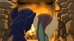 Size: 2560x1440 | Tagged: safe, artist:thecoldify, derpibooru import, coloratura, oc, oc:shooting star, 3d, blurry background, cute, fireplace, rara, source filmmaker