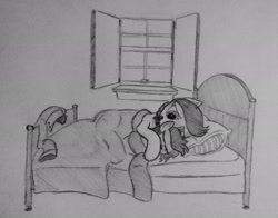 Size: 2998x2349 | Tagged: safe, artist:whiskey, oc, oc only, oc:mellow drizzle, oc:solemn rain, pony, bed, monochrome, sleeping, snuggling, traditional art